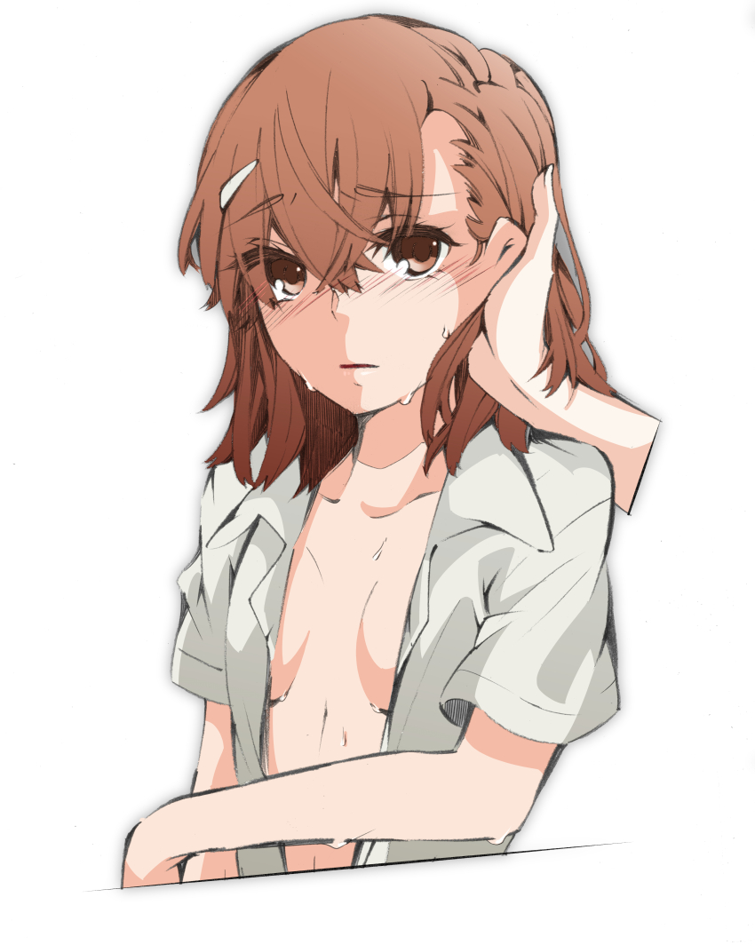 1girl absurdres blush breasts breasts_apart brown_eyes brown_hair collarbone collared_shirt commentary_request cropped_torso disembodied_hand eyebrows_visible_through_hat hair_between_eyes hair_ornament hairclip hand_in_another&#039;s_hair higashizukihi_sei highres looking_at_viewer medium_hair misaka_mikoto no_bra no_vest open_clothes open_shirt parted_lips school_uniform shirt short_sleeves simple_background small_breasts solo summer_uniform sweat toaru_kagaku_no_railgun toaru_majutsu_no_index tokiwadai_school_uniform upper_body white_background white_shirt