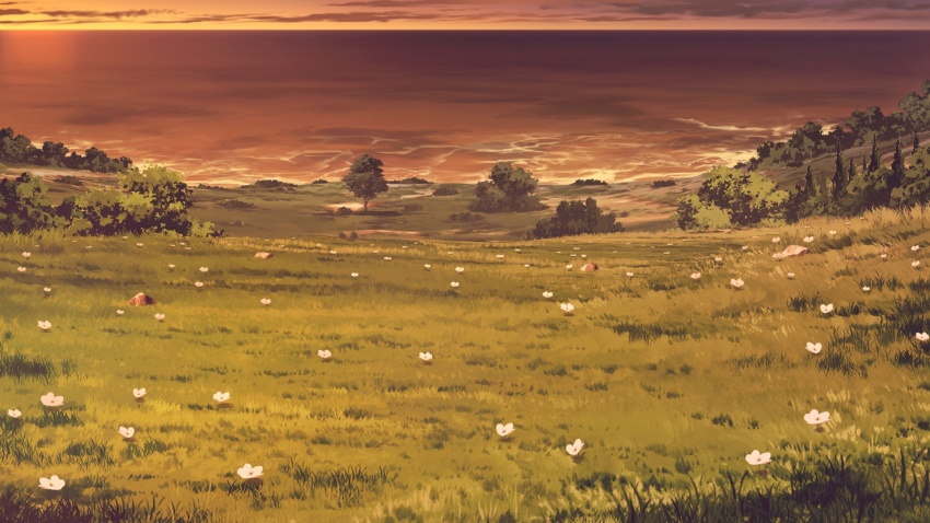 beach bush cloud cloudy_sky dirt_road flower forest gradient_background grass highres hill horizon large_variant_set nature no_humans non-web_source our_life:_beginnings_and_always outdoors poppy_(flower) road scenery sky sunset too_many_flowers variant_set