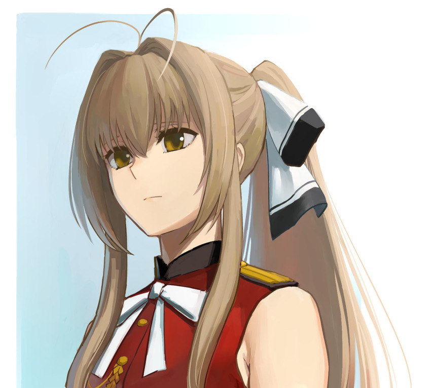 1girl amagi_brilliant_park antenna_hair b_suke closed_mouth epaulettes expressionless hair_intakes hair_ribbon highres jacket light_brown_hair long_hair looking_ahead neck_ribbon ponytail red_jacket ribbon sento_isuzu sidelocks simple_background sleeveless sleeveless_jacket solo white_background white_ribbon yellow_eyes