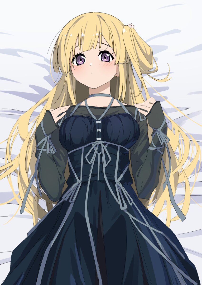 1girl 22/7 ato_de_wakaru_koto black_dress blonde_hair blush cowboy_shot dress fujima_sakura furumoto hair_rings hands_on_own_shoulders highres long_dress long_hair long_sleeves looking_at_viewer lying on_back on_bed one_side_up purple_eyes ribbon see-through_clothes see-through_sleeves single_hair_ring solo white_ribbon