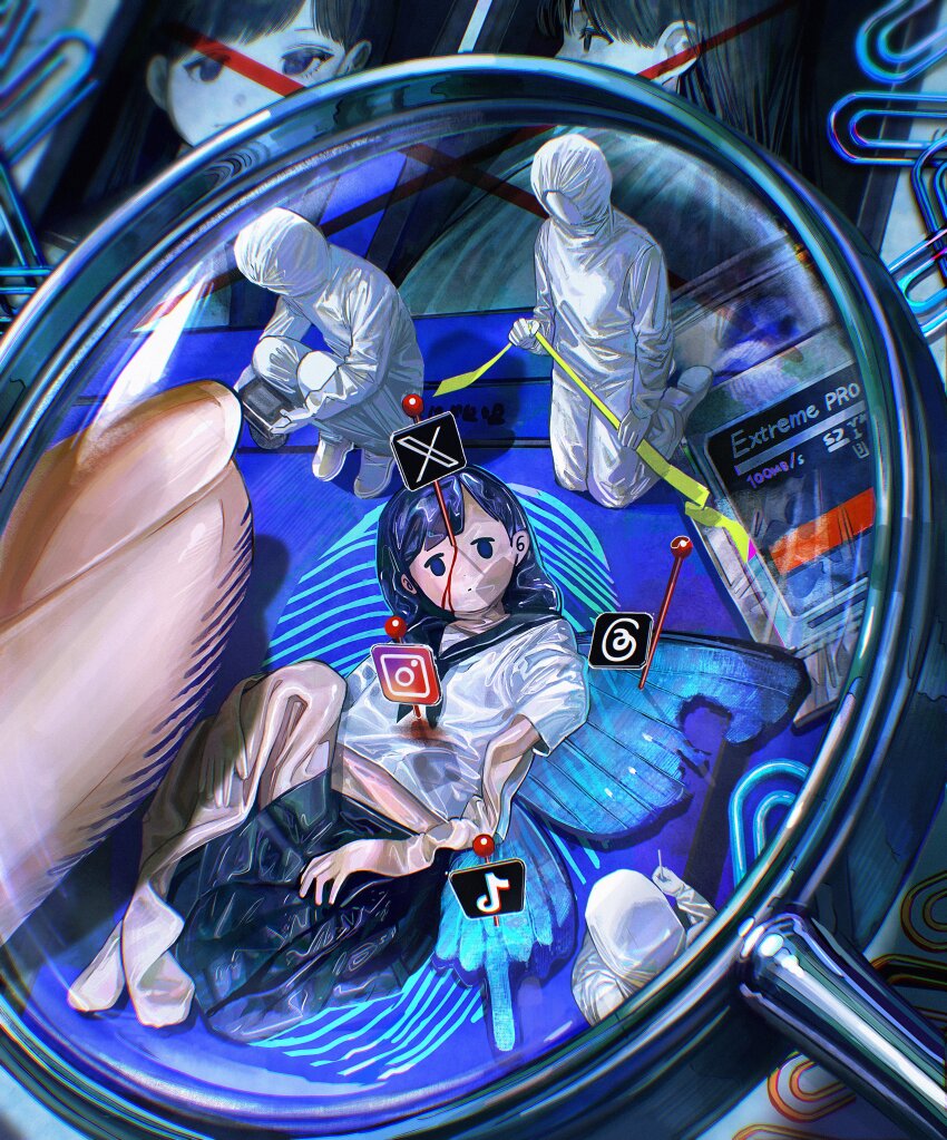 1girl 3others absurdres blood blue_wings bluesky butterfly_wings commentary fingerprint flattened highres horror_(theme) ikuta41 insect_wings instagram logo magnifying_glass multiple_others original paperclip school_uniform sd_card serafuku surreal symbol-only_commentary threads_(website) tiktok twitter wings