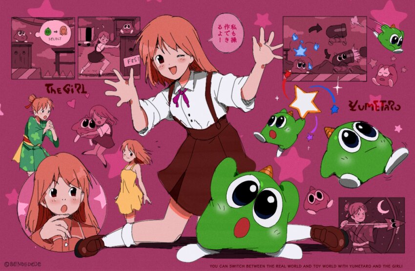 1girl bendedede bird blush bow bowtie brown_eyes collared_shirt dress english_text gameplay_mechanics gimmick! happy highres horns long_hair long_sleeves looking_at_viewer monster moon night open_mouth orange_hair pajamas riding shirt single_horn smile solo speech_bubble sundress suspenders unnamed_girl_(gimmick!) white_shirt yellow_horns yumetaro