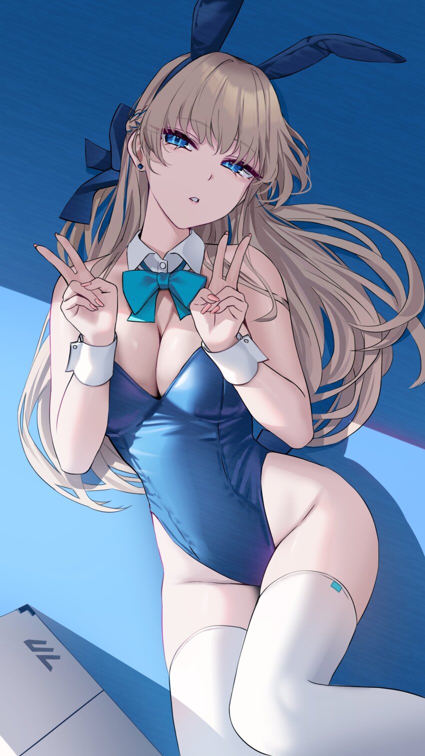 1girl absurdres aqua_bow aqua_bowtie blonde_hair blue_archive blue_eyes blue_hairband blue_leotard bow bowtie braid breasts cleavage commentary covered_navel detached_collar double_v hairband half_up_braid highleg highleg_leotard highres large_breasts leotard long_hair looking_at_viewer lying official_alternate_costume on_back on_floor parted_lips playboy_bunny solo strapless strapless_leotard symbol-only_commentary thighhighs toki_(blue_archive) toki_(bunny)_(blue_archive) v wanne white_thighhighs white_wrist_cuffs wrist_cuffs