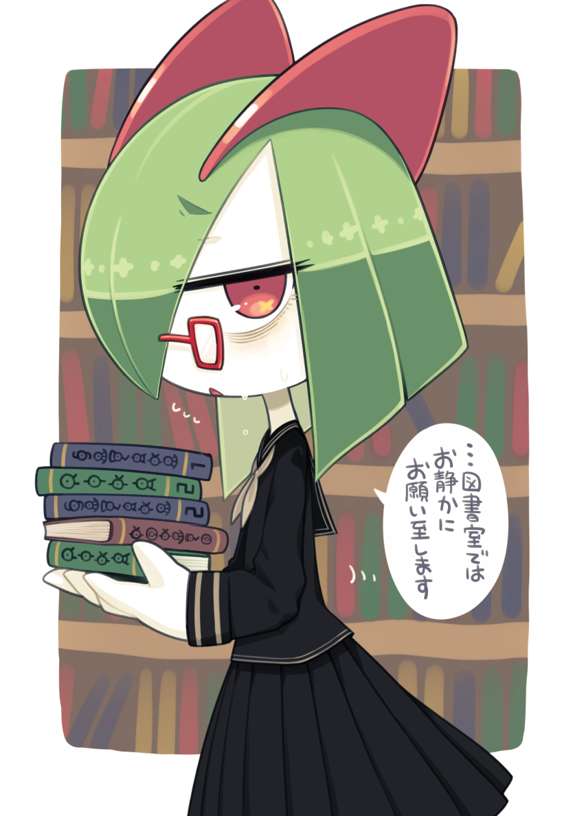 bags_under_eyes black_serafuku black_skirt book book_stack bookshelf flying_sweatdrops from_side gen_3_pokemon glasses green_hair highres holding holding_book ino_(tellu0120) kirlia library looking_at_viewer nintendo parted_lips pink_eyes pleated_skirt pokemon pokemon_(creature) school_uniform serafuku sidelocks skirt speech_bubble translation_request unownglyphics