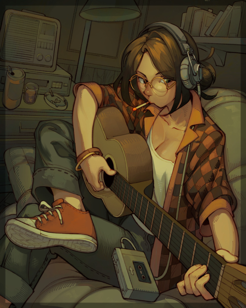1girl ashtray blue_pants book bookshelf bracelet breasts brown_hair can cassette_player checkered_clothes checkered_shirt cigarette cleavage collarbone commentary couch cup denim drink_can english_commentary floor_lamp glasses green_eyes guitar hair_bun headphones highres holding holding_guitar holding_instrument indoors instrument istarling jeans jewelry krita_(medium) lamp medium_hair no_socks on_couch original pants pillow playing_guitar radio red_shirt red_shoes shirt shoes single_hair_bun slice_of_life smoking sneakers soda_can solo videocassette_recorder white_shirt