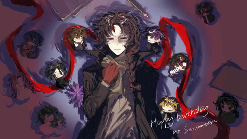 2girls 6+boys annie_(saibou_shinkyoku) atou_haruki black_eyes black_hair black_jacket blonde_hair braid brown_hair chinese_commentary closed_eyes closed_mouth commentary_request dreyfus_zweig earrings english_text green_hat green_scarf hand_on_own_chest happy_birthday harada_kazaru harada_minoru hat hatsutori_hajime highres isoi_haruki isoi_rai isoi_reiji isoi_reiji_(rei-kun) jacket jewelry long_hair mini_person miniboy minigirl multiple_boys multiple_girls open_clothes open_jacket parted_bangs pink_hair purple_hair red_hair red_ribbon ribbed_sweater ribbon saibou_shinkyoku scar scar_on_face scar_on_forehead scarf short_hair side_braid single_braid smile sweater theodore_riddle utsugi_noriyuki xiaomaoyaoren