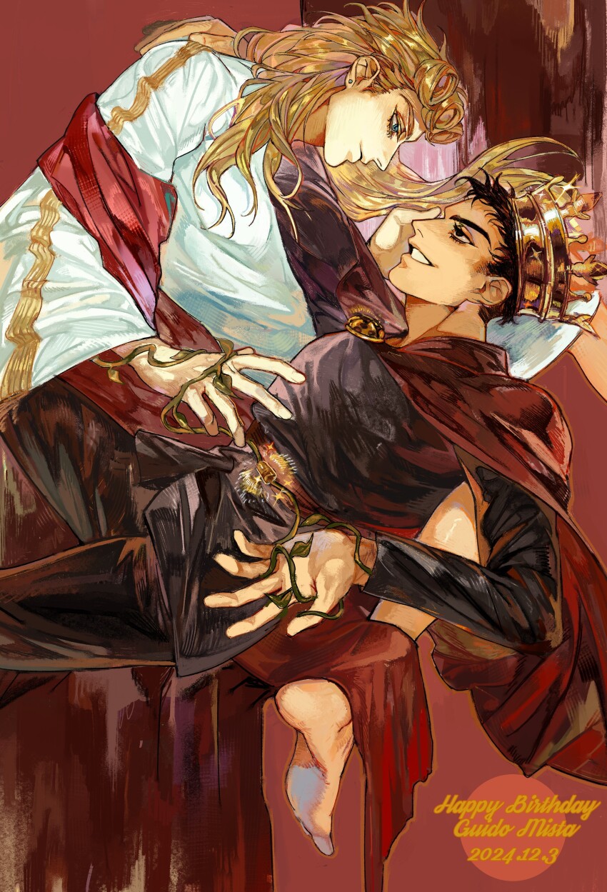 2boys absurdres ancient_greek_clothes armor black_hair blonde_hair blue_eyes chiton earrings giorno_giovanna greco-roman_clothes greece guido_mista highres implied_yaoi jewelry jojo_no_kimyou_na_bouken long_hair male_focus multiple_boys peplos roman_armor roman_clothes roman_empire weibo_3981217883 yaoi