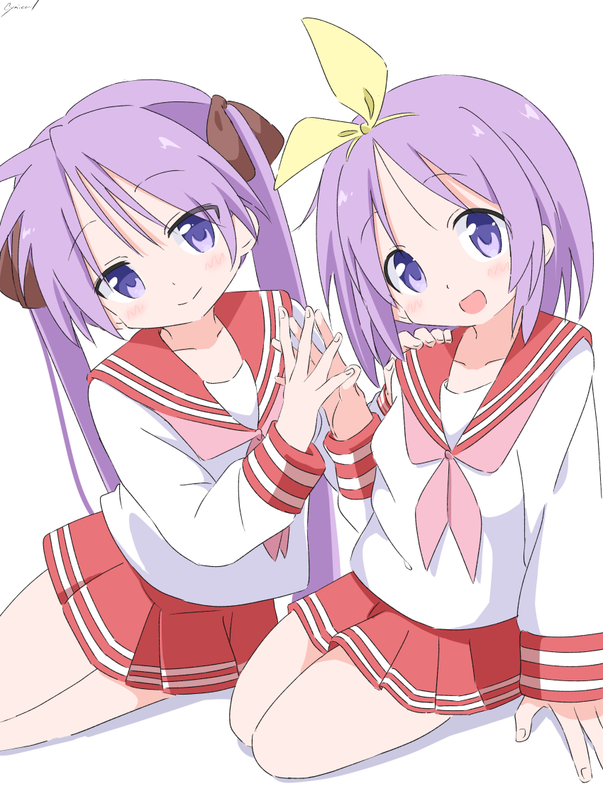 2girls absurdres blush brown_ribbon cynical_(llcbluckg_c004) dot_nose fingernails hairband hand_on_another&#039;s_shoulder highres hiiragi_kagami hiiragi_tsukasa holding_hands kneeling lucky_star multiple_girls neckerchief open_mouth pink_neckerchief pleated_skirt purple_eyes purple_hair red_skirt ribbon sailor_collar school_uniform shirt siblings sisters skirt smile twintails white_shirt yellow_hairband
