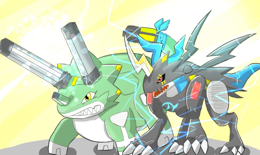 2others armor digimon digimon_(creature) highres horns lighdramon multiple_others sharp_teeth tail teeth wezengammamon