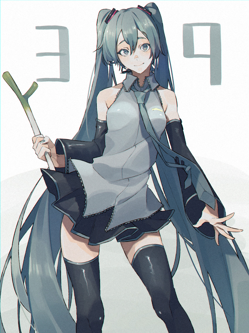 1girl 39 absurdly_long_hair absurdres aqua_eyes aqua_hair aqua_neckwear artist_name artist_request bare_shoulders black_legwear black_skirt blue_eyes blue_hair blue_neckwear breasts female_focus food grey_shirt hatsune_miku highres holding holding_food holding_spring_onion ievan_polkka_(vocaloid) long_hair parted_lips satsuki_32ki shirt skirt small_breasts smile solo spring_onion twintails very_long_hair vocaloid