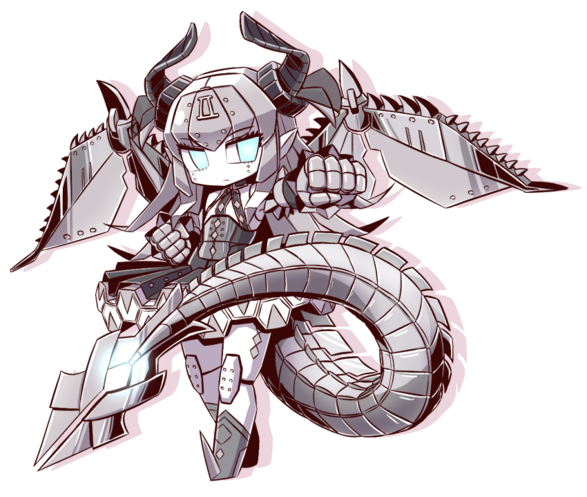 1girl android blue_eyes clenched_hands closed_mouth crossed_legs diamond_(shape) dragon_girl dragon_horns dragon_tail dragon_wings dress elizabeth_bathory_(fate) eyebrows eyelashes fate/grand_order fate_(series) female_focus frown grey_dress grey_hair halterneck horns joints long_hair mecha_eli-chan_mk.ii_(fate) naga_u no_nose no_pupils outstretched_arm pointy_ears robot_joints roman_numeral silhouette solo spikes standing tail watson_cross wings