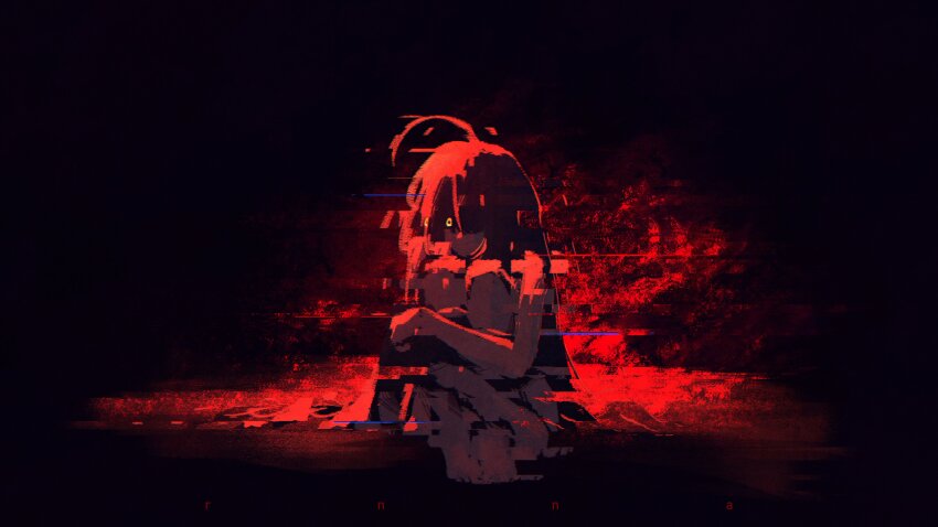 1girl absurdres ahoge artist_name barefoot black_background black_hair character_request commentary english_commentary glitch hair_over_one_eye highres hugging_own_legs long_hair original rnna sitting solo traumatized very_long_hair yellow_eyes