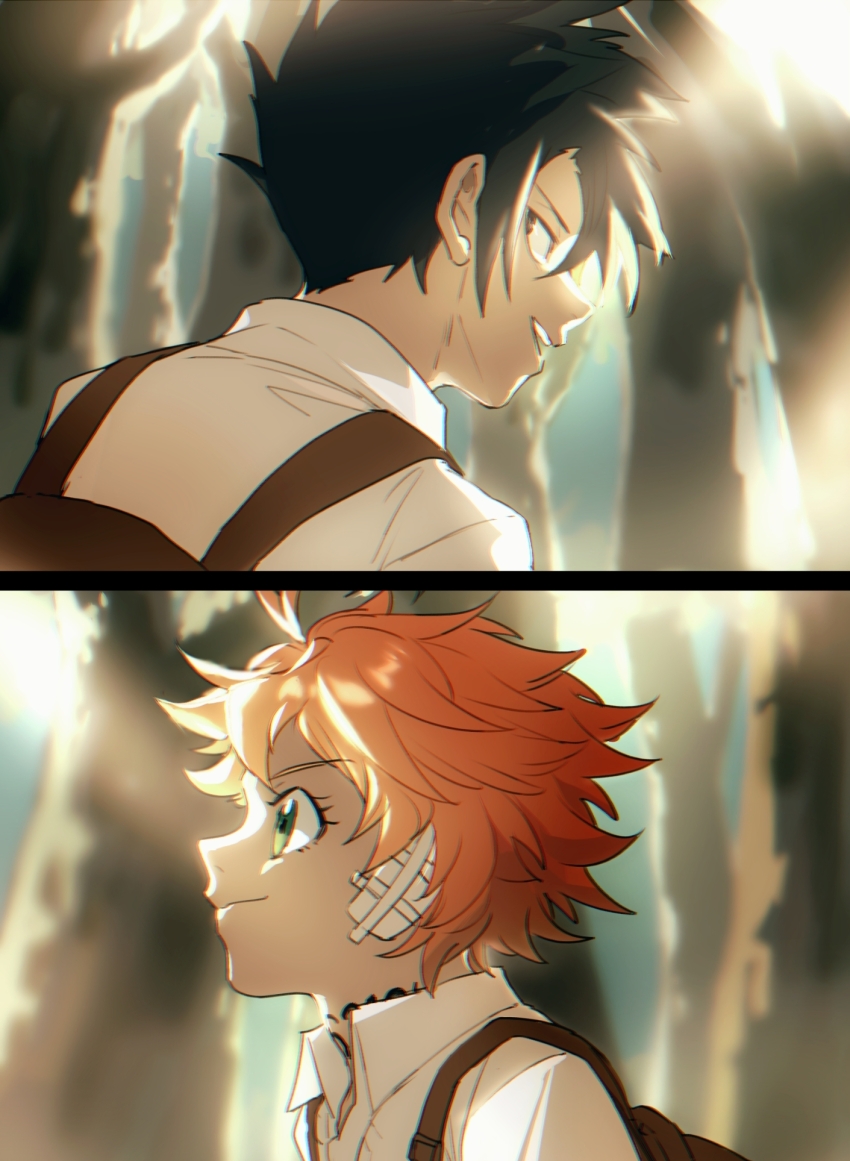1boy 1girl backpack bag brown_bag collared_shirt emma_(yakusoku_no_neverland) eyelashes gauze gauze_on_cheek green_eyes highres looking_back number_tattoo orange_hair outdoors qin_(7833198) ray_(yakusoku_no_neverland) shirt tattoo white_shirt yakusoku_no_neverland