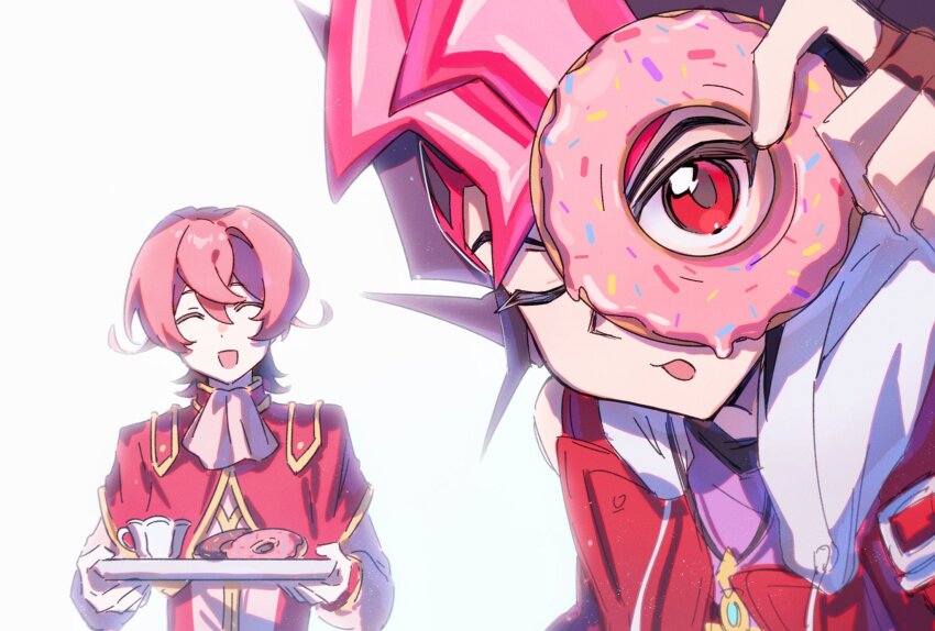 2boys :d ascot black_hair close-up closed_eyes colored_bangs donut double-parted_bangs dress_shirt facing_another facing_viewer food gold_necklace hand_up highres holding holding_donut holding_food holding_tray hood hooded_vest hoodie iii_(yu-gi-oh!) jewelry leaning_forward looking_at_viewer looking_through_donut male_focus multiple_boys necklace one_eye_closed open_clothes open_mouth open_vest outstretched_arms pink_ascot pink_shirt purple_shirt red_eyes red_hair red_tunic shirt smile spiked_hair tearing_up trap tray tsukumo_yuma tunic vest victorian white_background white_hood wushuang566 yellow_trim yu-gi-oh! yu-gi-oh!_zexal