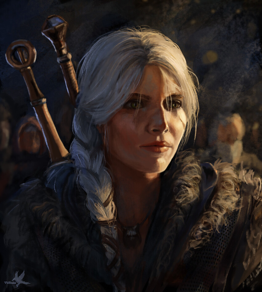 1girl blurry blurry_background braid braided_ponytail ciri depth_of_field facial_scar green_eyes highres long_hair masha_borisova portrait scar scar_on_cheek scar_on_face solo_focus sword sword_on_back the_witcher_(series) the_witcher_4 weapon weapon_on_back white_hair witcher_medallion