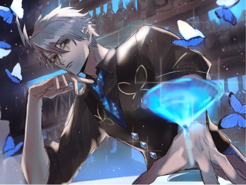 1boy ahoge bar_(place) bartender black_eyes black_vest blue_butterfly blue_necktie bottle bug butterfly buttons cocktail_glass collared_shirt cosplay cup diamond_button drinking_glass expressionless fate/grand_order fate_(series) grey_hair grey_shirt hair_between_eyes head_rest highres incoming_drink insect james_moriarty_(archer)_(fate) james_moriarty_(archer)_(fate)_(cosplay) james_moriarty_(archer)_(fate) james_moriarty_(gray_collar)_(fate) james_moriarty_(ruler)_(fate) looking_at_viewer male_focus necktie ou_syoku7 shirt short_hair solo sparkle sparkle_print upper_body vest