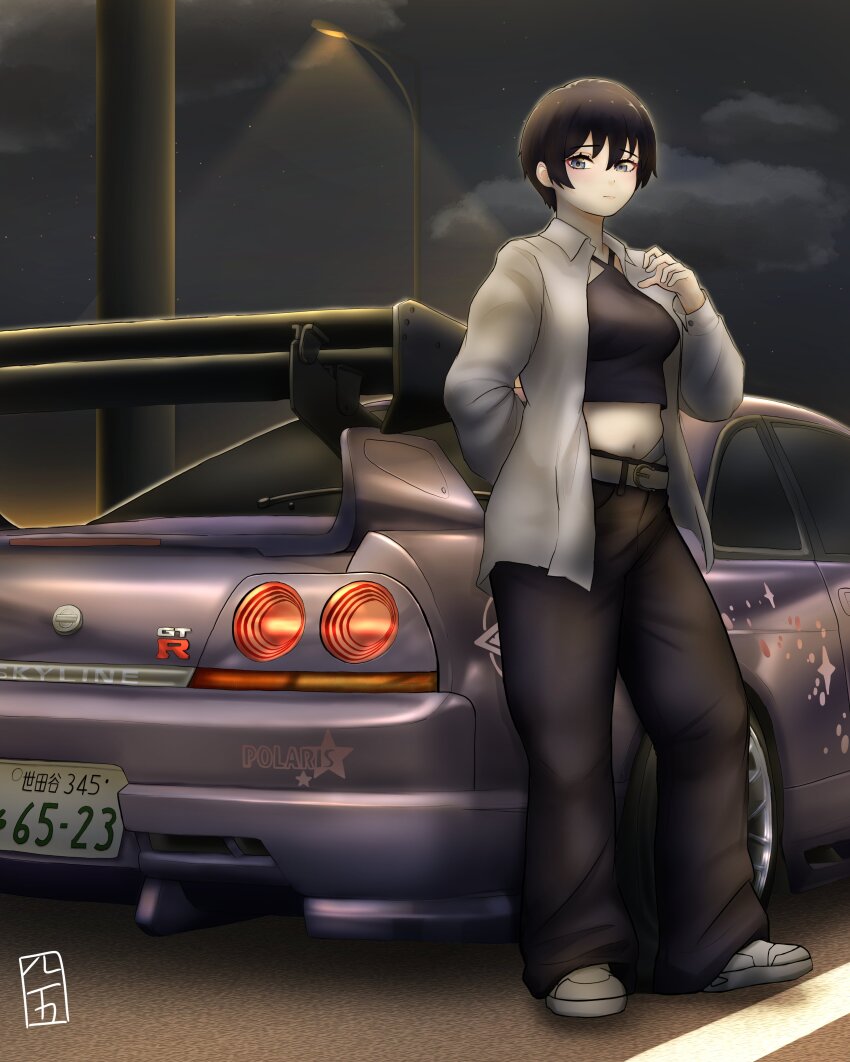 1girl absurdres belt black_hair black_shirt breasts car cloud collared_shirt commentary cropped_shirt english_commentary eternal_polaris grey_belt grey_shirt grey_shoes hair_behind_ear hair_between_eyes halter_shirt halterneck highres lamppost license_plate looking_at_viewer medium_breasts midriff motor_vehicle navel night night_sky nissan_skyline nissan_skyline_gt-r nissan_skyline_r33 purple_car shirt shoes short_hair shutokou_battle shutokou_battle_(2025) sky sneakers solo spoiler_(automobile) sports_car yawnjoo_5