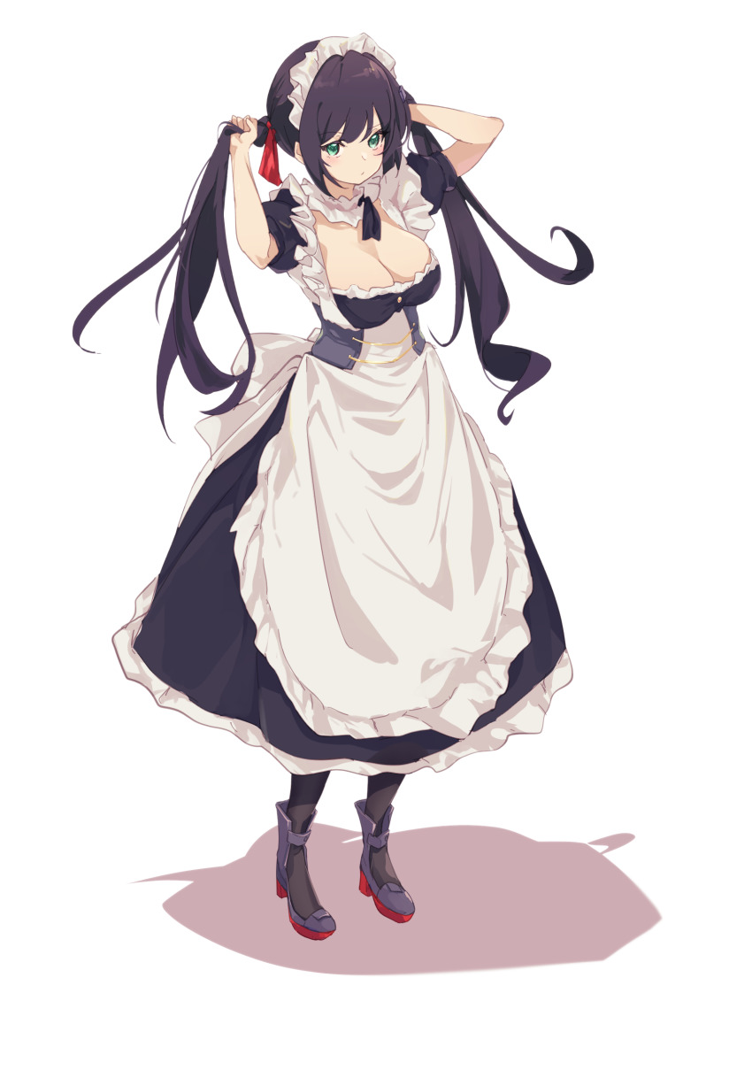1girl absurdres adjusting_hair apron azur_lane black_footwear black_hair black_legwear breasts cleavage collarbone commentary_request full_body glasgow_(azur_lane) green_eyes hair_ribbon high_heels highres holding holding_own_hair large_breasts long_hair looking_at_viewer maid maid_apron maid_headdress ribbon short_sleeves sidelocks simple_background solo standing suwakana twintails white_background