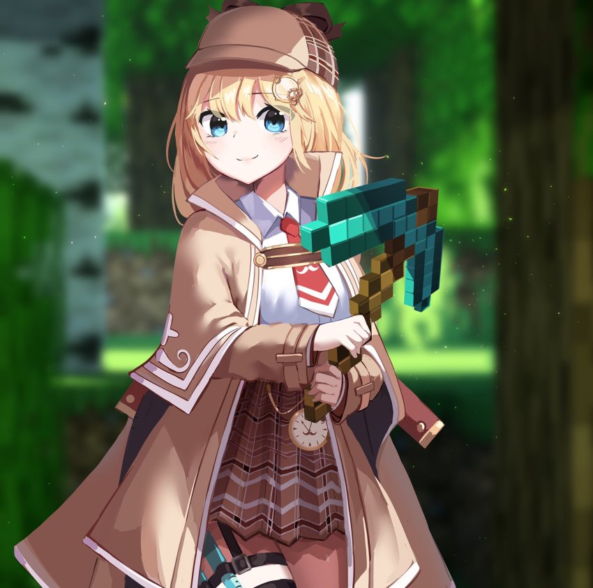 1girl 3d blonde_hair blue_eyes dayshiart highres holding holding_pickaxe hololive hololive_english jacket looking_at_viewer minecraft minecraft_pickaxe necktie pickaxe plaid_clothes plaid_skirt red_necktie short_necktie skirt smile solo virtual_youtuber watson_amelia watson_amelia_(1st_costume)