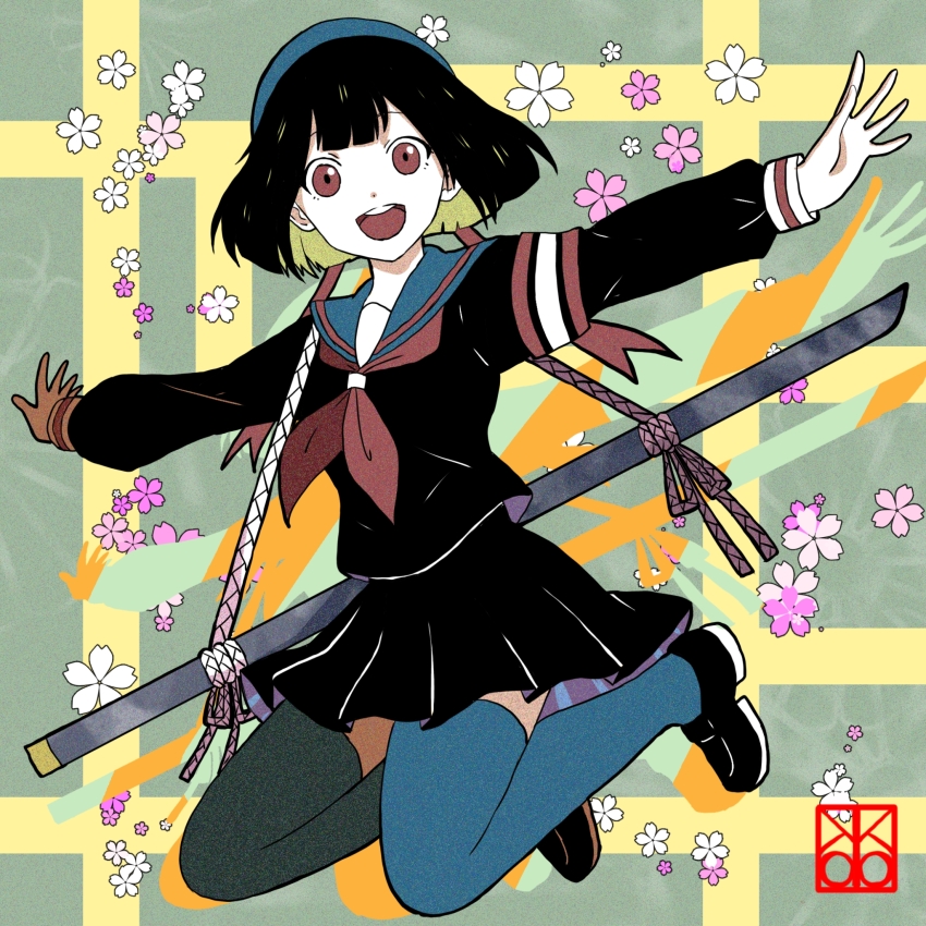 1girl afterimage artist_logo black_shirt black_shoes black_skirt blue_sailor_collar blue_thighhighs bob_cut cherry_blossoms commentary full_body hat highres jumping loafers logo looking_at_viewer neckerchief open_mouth original red_neckerchief sailor_collar school_uniform serafuku sheath shirt shishi_(kuroear99) shoes short_hair skirt smile teeth thighhighs upper_teeth_only