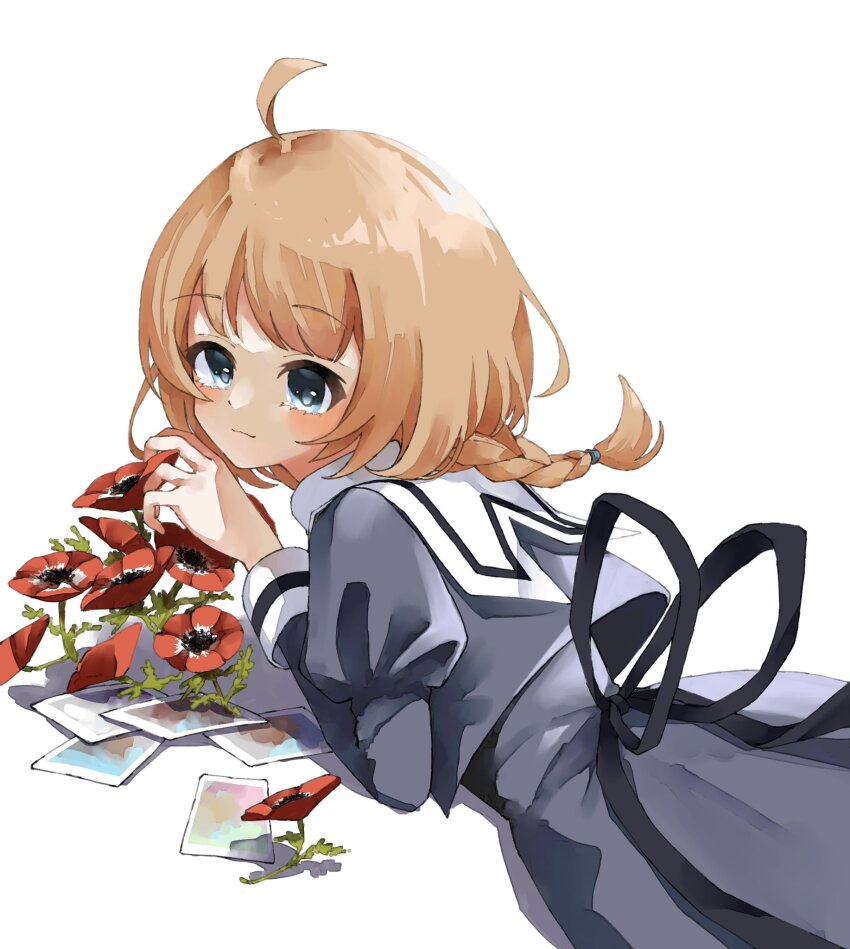 1girl ahoge amahara_nue assault_lily black_skirt blue_eyes blush braid braided_ponytail brown_hair closed_mouth cowboy_shot cropped_jacket flower futagawa_fumi hand_up high-waist_skirt highres juliet_sleeves light_smile long_hair long_sleeves looking_at_viewer looking_back low_ponytail lying on_stomach photo_(object) ponytail puffy_sleeves red_flower school_uniform shadow simple_background single_braid skirt solo white_background yurigaoka_girls_academy_school_uniform