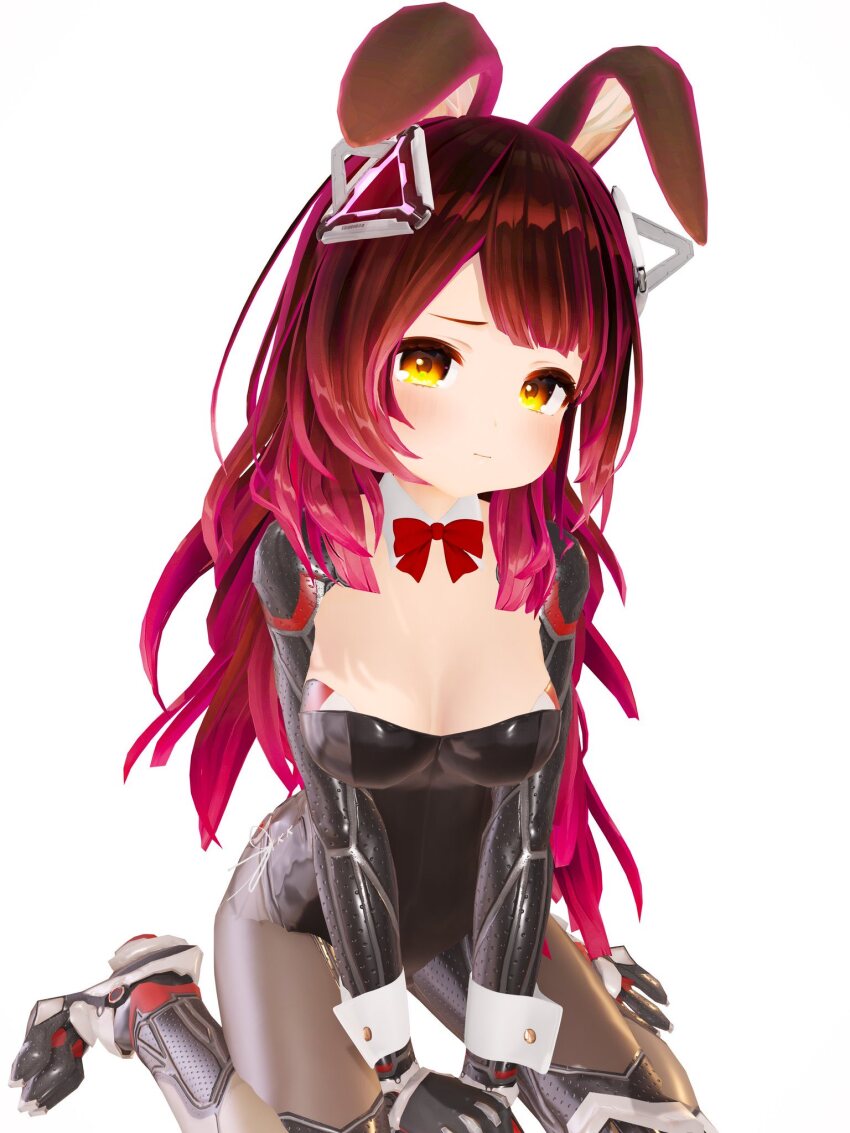 3d :l alternate_costume animal_ears breasts brown_hair fake_animal_ears gradient_hair hair_ornament highres hololive inflated_lips kneeling leotard long_hair mechanical_arms mechanical_legs medium_breasts multicolored_hair playboy_bunny pout red_hair roboco-san sad virtual_youtuber white_background