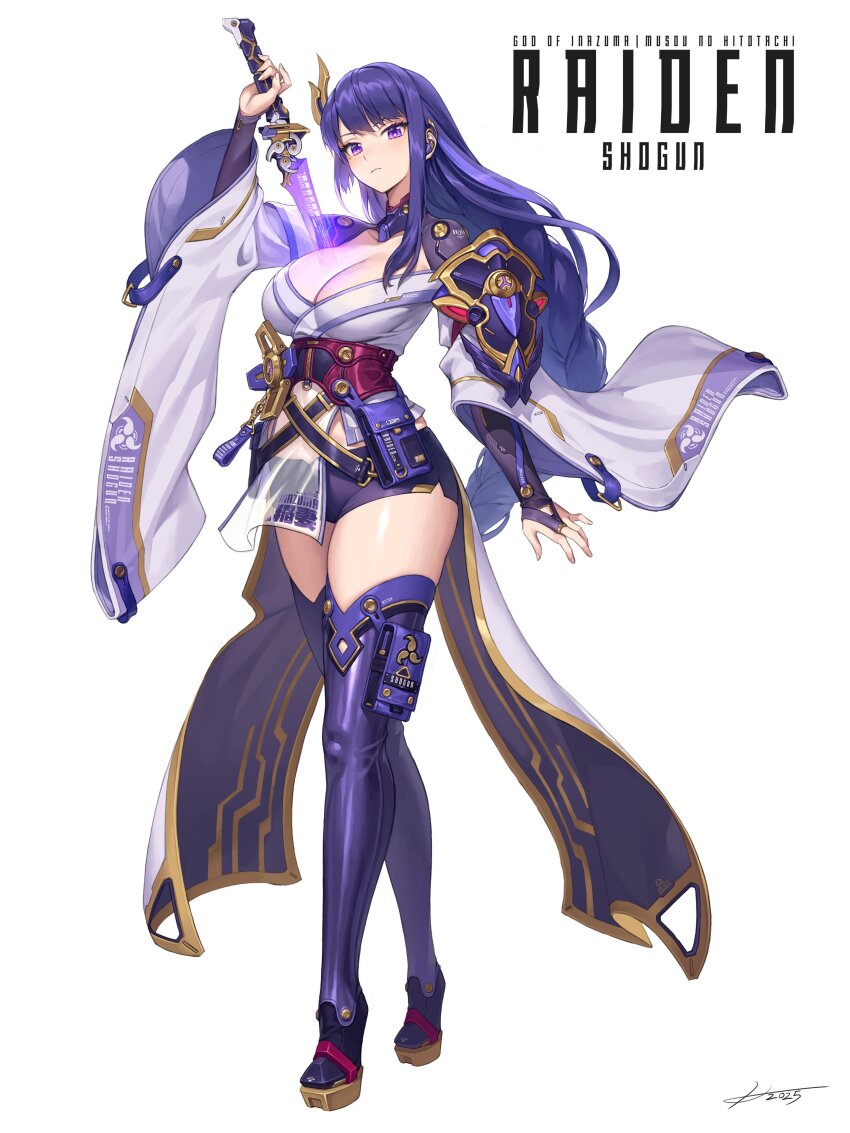 1girl absurdres adapted_costume belt_pouch braid breasts bridal_gauntlets cleavage flower genshin_impact hair_ornament hichi highres human_scabbard japanese_clothes kimono large_breasts long_hair mole mole_under_eye musou_isshin_(genshin_impact) pouch purple_eyes purple_hair purple_shorts raiden_shogun sash science_fiction shorts thigh_pouch thighhighs