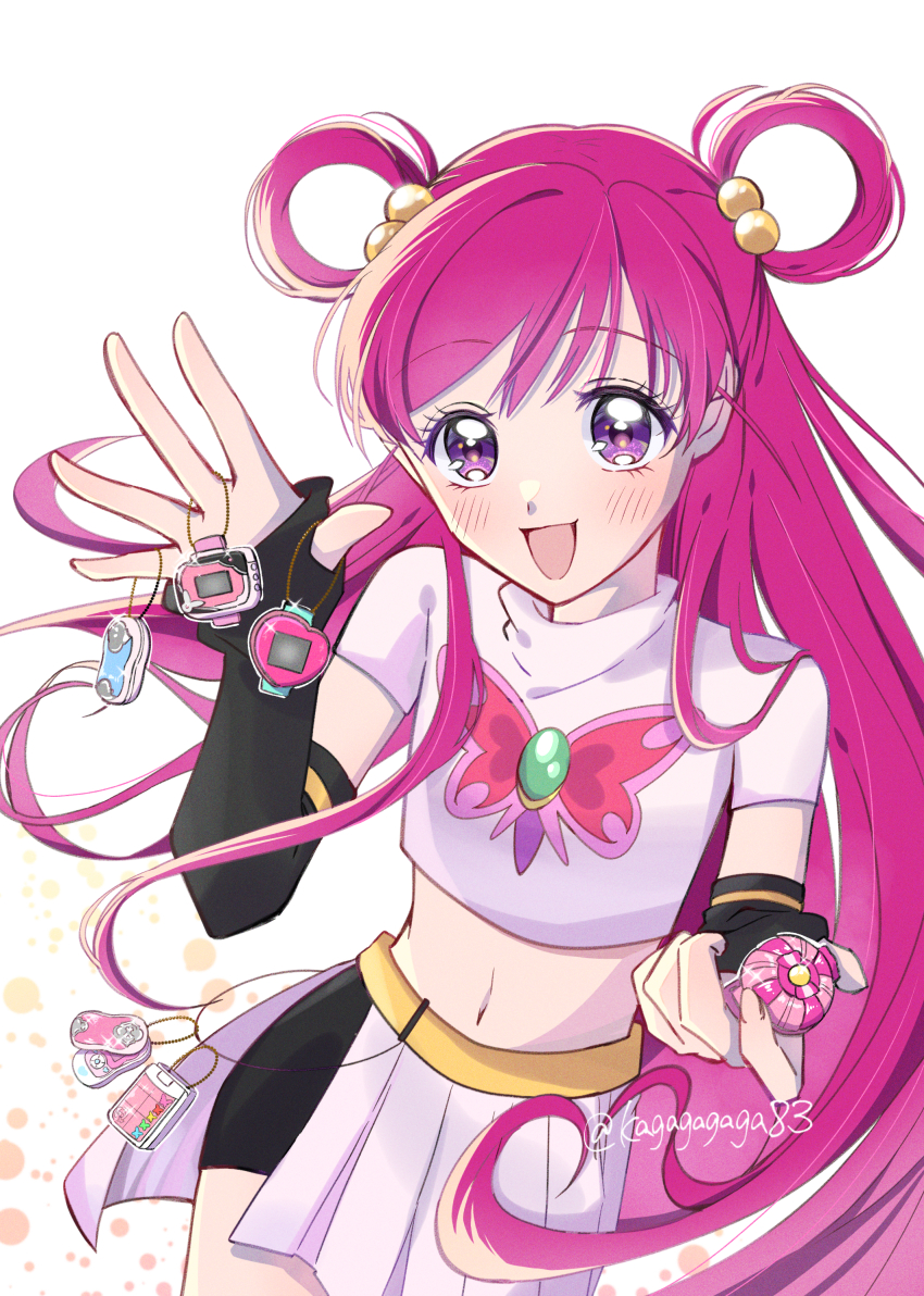 1girl absurdres bike_shorts bike_shorts_under_skirt black_gloves black_shorts blush brooch butterfly_brooch cropped_shirt cure_dream elbow_gloves fingerless_gloves gloves hair_bobbles hair_ornament hair_rings half-skirt highres jewelry kagagagaga83 long_hair magical_girl midriff navel open_mouth pink_eyes pink_hair pleated_skirt precure shirt short_sleeves shorts skirt smile solo twitter_username white_shirt white_skirt yes!_precure_5 yumehara_nozomi