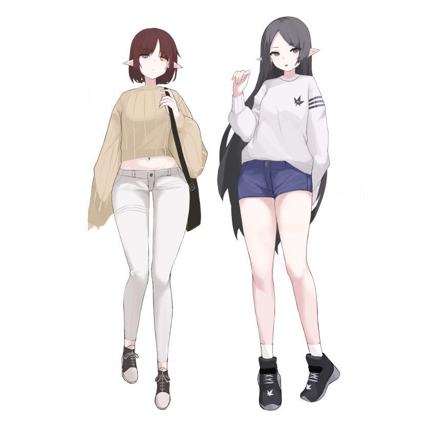2girls :o :| absurdres adele_(maplestory) ark_(maplestory) bag bare_legs black_footwear black_hair closed_mouth denim denim_shorts dot_nose grey_eyes hand_up heterochromia highres jeans leaf_print long_hair long_sleeves maple_leaf_print maplestory mona_kkkk multicolored_eyes multiple_girls navel pants pointy_ears red_hair shirt shoes short_shorts shorts sleeves_past_wrists sneakers socks sweater thighs white_background white_pants white_shirt white_socks yellow_eyes