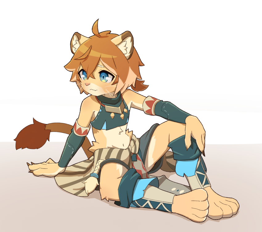 1boy absurdres animal_ears barefoot claws closed_mouth commentary_request crop_top fang furry furry_male highres korean_commentary lion_boy lion_ears lion_tail looking_at_viewer male_focus navel ponytail rokroc205 sitting skin_fang smile tail theo_(world_flipper) world_flipper