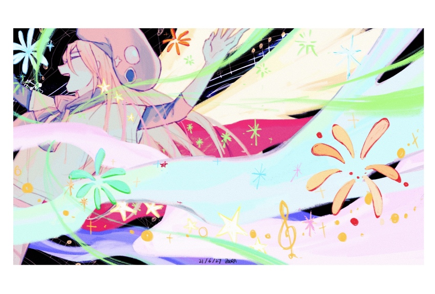 1boy border classicaloid closed_eyes commentary_request dated hair_between_eyes hat highres jacket_around_neck long_hair magic male_focus music musical_note open_mouth pink_hair shirt singing solo sparkle musical_staff treble_clef white_border white_shirt wolfgang_amadeus_mozart_(classicaloid) zoora