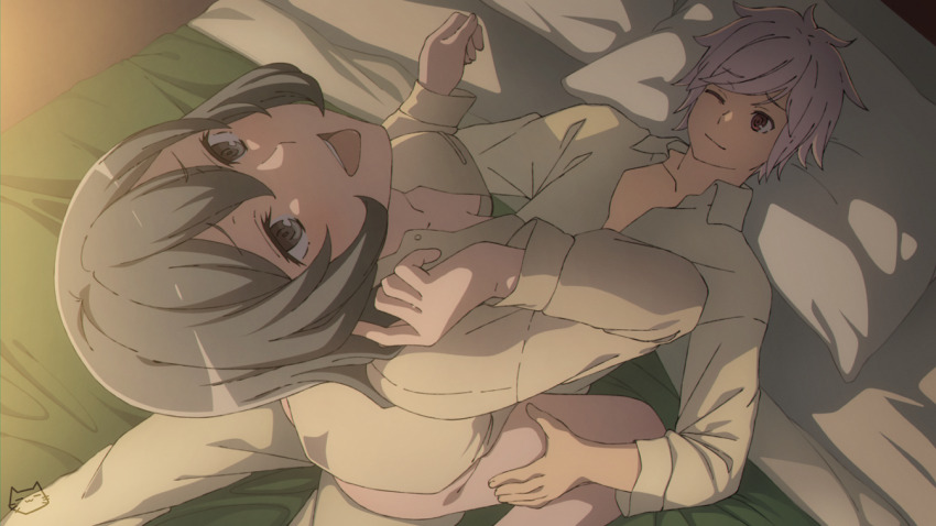1boy 1girl artist_logo bell_cranel blush bottomless commentary cowgirl_position dungeon_ni_deai_wo_motomeru_no_wa_machigatteiru_darou_ka green_pajamas grey_eyes grey_hair hetero implied_sex keihh logo looking_up lying on_back on_bed one_eye_closed open_mouth paid_reward_available pajamas sex short_hair smile straddling syr_flover thighs white_hair