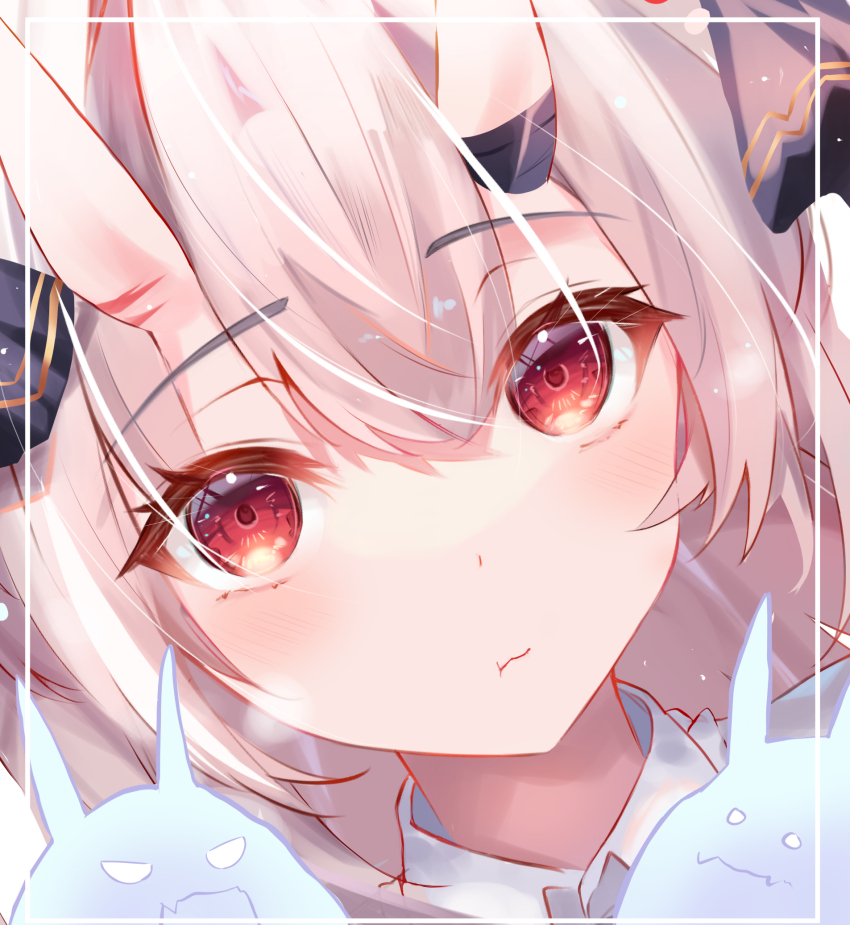 1girl black_ribbon blush closed_mouth commentary_request grey_hair hair_ribbon highres hololive horns karma_(nakiri_ayame) long_hair looking_at_viewer nakiri_ayame nono_i831 oni puffy_cheeks red_eyes ribbon shiranui_(nakiri_ayame) skin-covered_horns solo very_long_hair virtual_youtuber