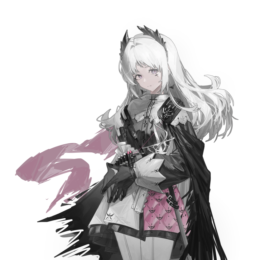 1girl arknights black_dress black_gloves chinese_commentary closed_mouth commentary cowboy_shot dress expressionless front-seamed_legwear gloves grey_eyes hair_intakes highres iberia_logo irene_(arknights) long_hair long_sleeves macha_bafei own_hands_together pantyhose puffy_long_sleeves puffy_sleeves scar scar_across_eye scar_on_face seamed_legwear simple_background solo standing steepled_fingers white_background white_dress white_hair white_pantyhose