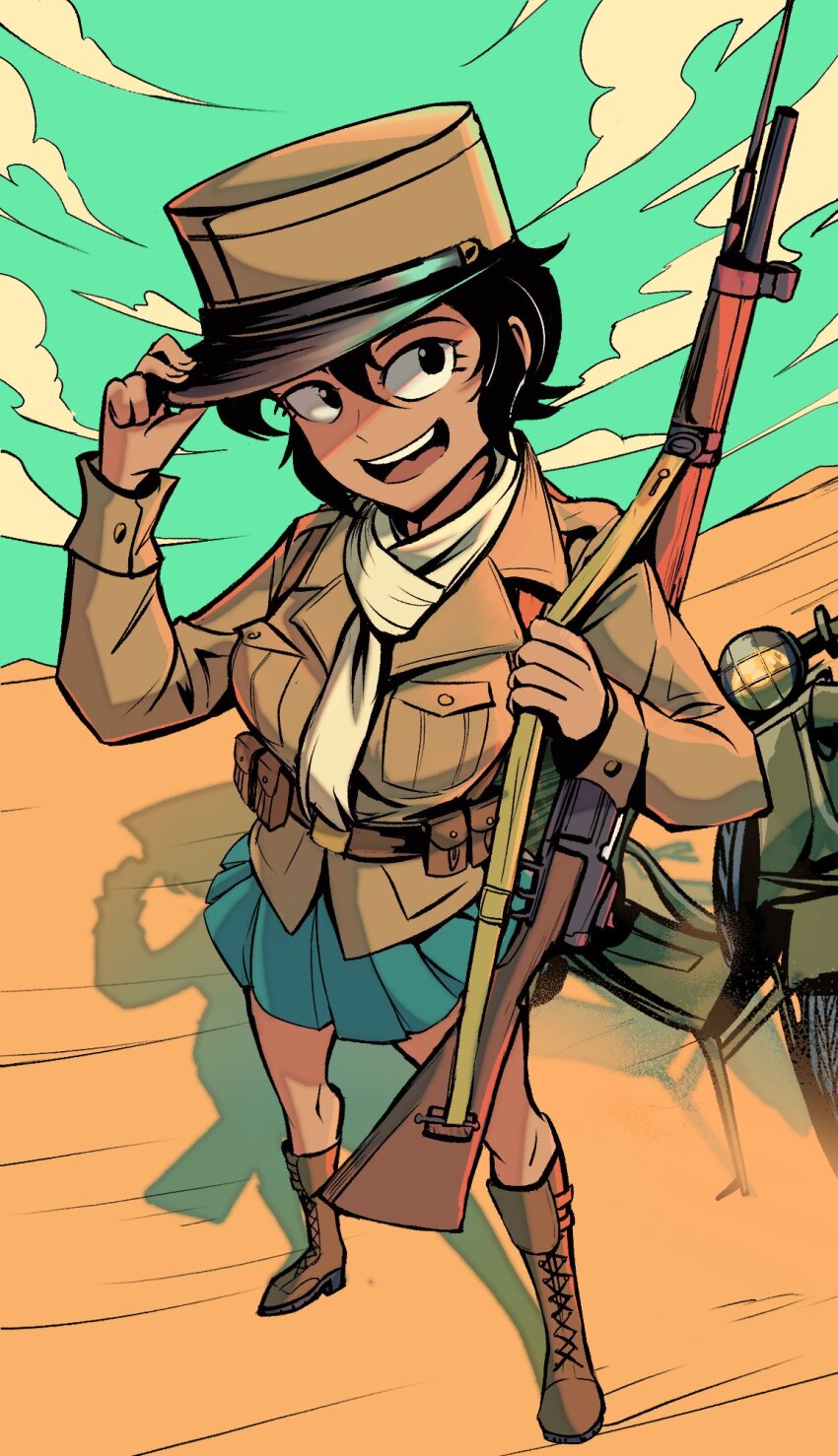 black_hair blue_skirt boots brown_jacket copyright_request dark-skinned_female dark_skin desert french_army full_body gun gun_on_back hat hat_tip head_tilt highres jacket lace-up_boots military_hat military_uniform motor_vehicle motorcycle nico_jiang open_mouth rifle scarf shadow skirt standing weapon weapon_on_back