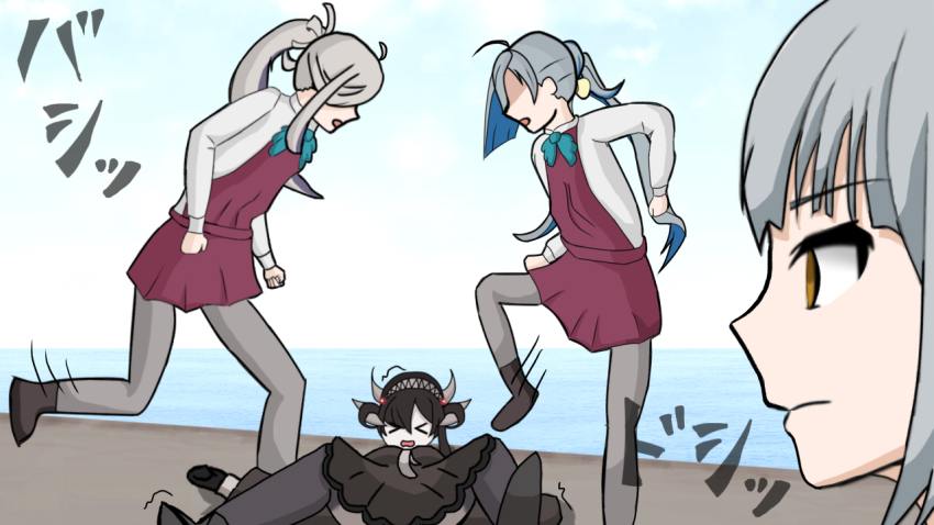 &gt;_&lt; abbacchio_joins_the_kicking_(meme) abyssal_ship ahoge anodono asashimo_(kancolle) black_dress black_hair black_hat blue_ribbon dress grey_hair hair_over_one_eye hat horns kantai_collection kasumi_(kancolle) kicking kiyoshimo_(kancolle) lying meme multicolored_hair ocean on_back open_mouth pale_skin pantyhose purple_dress ra-class_destroyer ra-class_destroyer_alpha ribbon shirt two-tone_hair white_hair white_shirt