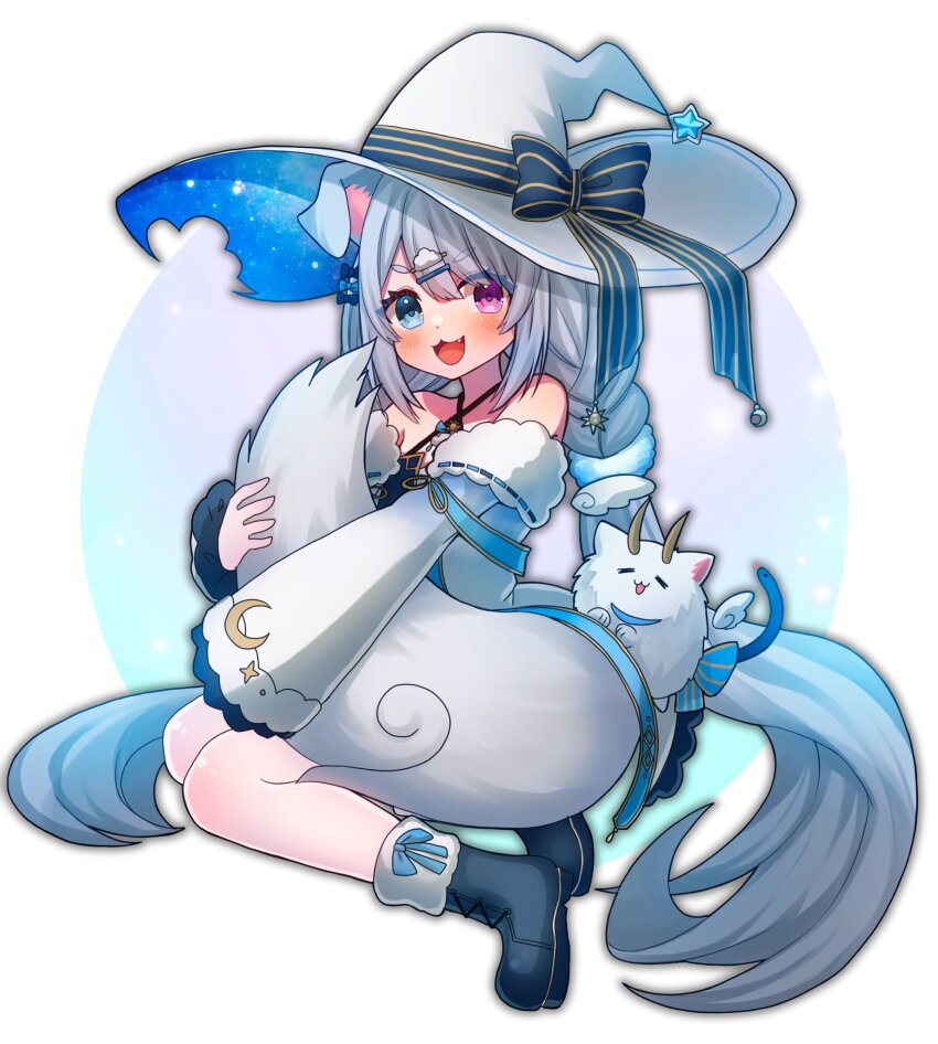 1girl :3 :d animal_ears bare_shoulders blue_background blue_boots blue_bow blue_dress blue_eyes blue_jacket blush boots bow braid circle cloud_hair_ornament commentary commission crescent criss-cross_halter dog_ears dog_tail dress english_commentary eyes_visible_through_hair fang footwear_bow from_side full_body fur-trimmed_boots fur-trimmed_jacket fur_trim gradient_background gradient_clothes gradient_jacket grey_hair hair_bow hair_ornament hair_scrunchie hairclip halterneck hat hat_bow hat_ornament heterochromia highres hugging_own_tail hugging_tail jacket large_hat long_hair long_sleeves looking_at_viewer looking_to_the_side multicolored_background off_shoulder open_mouth pantyhose parted_bangs purple_background purple_eyes scrunchie second-party_source short_eyebrows sidelocks sitting skeb_commission sleeveless sleeveless_dress smile solo specialite_(company) specialite_en star_(symbol) star_hat_ornament striped_bow suesuguru sun_symbol tail turning_head twin_braids twintails two-sided_fabric two-sided_headwear utahime_mochizuki v-shaped_eyebrows very_long_hair virtual_youtuber white_background white_hat white_jacket white_pantyhose white_scrunchie wide_sleeves witch_hat yokozuwari