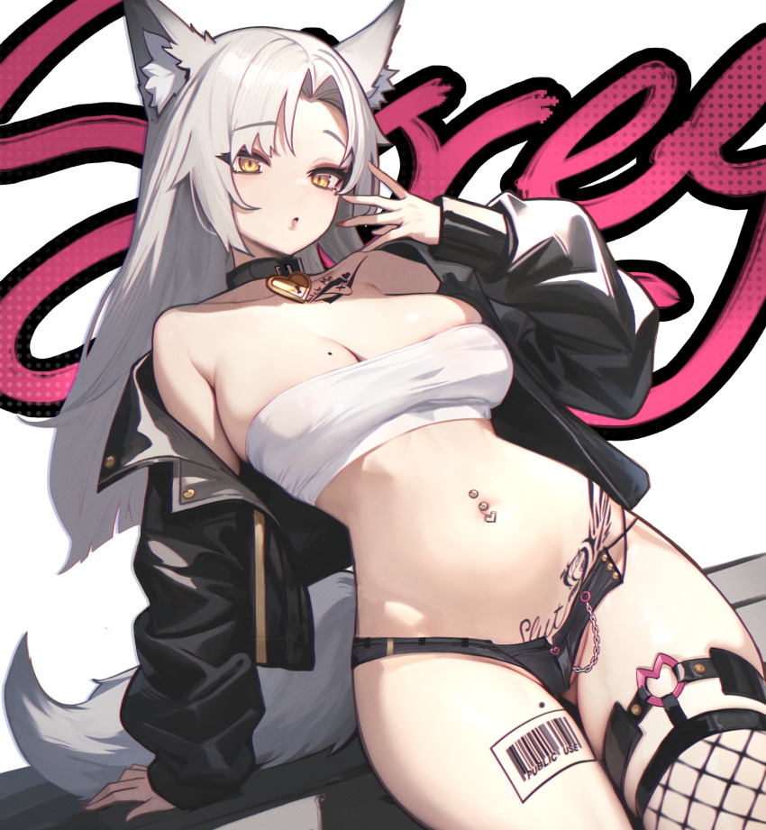 1girl :o animal_ear_fluff animal_ears arm_support armpit_crease bandeau barcode bare_shoulders black_collar black_jacket black_shorts breasts chest_tattoo cleavage collar commentary_request commission fingernails fishnet_thighhighs fishnets fox_ears fox_girl fox_tail gluteal_fold grey_hair hair_intakes hand_up heart highres jacket large_breasts leg_tattoo legs_together legwear_garter long_fingernails long_hair long_sleeves looking_at_viewer mellow_(srpp4843) micro_shorts mole mole_on_breast mole_on_thigh nail_polish navel navel_piercing o-ring o-ring_legwear_garter o-ring_thigh_strap off_shoulder open_clothes open_jacket original parted_lips piercing pink_nails pixiv_commission pubic_tattoo puffy_long_sleeves puffy_sleeves shorts single_thighhigh solo tail tattoo text_background thigh_gap thigh_strap thighhighs very_long_hair white_bandeau yellow_eyes