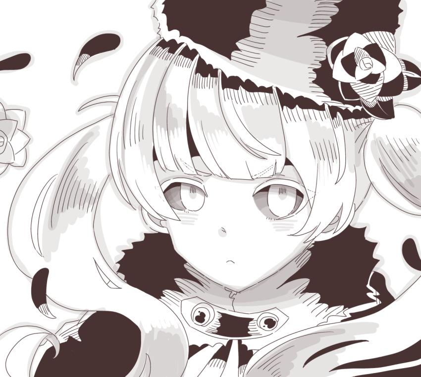 1girl black_sclera coat colored_sclera flower fur_trim grimms_echoes hat long_hair monochrome rose solo source_request twintails upper_body user_sjtw2272 void_gerda_(grimms_echoes) winter_gloves