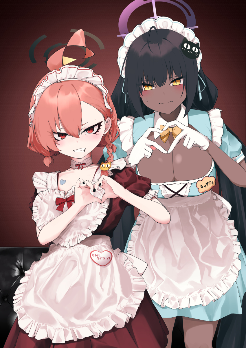 2girls absurdres alternate_costume apron black_hair blue_archive blue_dress bow bowtie braid breasts cat_hair_ornament cleavage clenched_teeth commentary_request cowboy_shot dark-skinned_female dark_skin dress hair_ornament halo heart heart_apron heart_hands highres karin_(blue_archive) large_breasts looking_at_viewer maid maid_headdress multiple_girls name_tag neru_(blue_archive) red_background red_dress red_eyes red_hair short_hair short_sleeves side-by-side single_braid tarasoisoos teeth waist_apron white_apron yellow_bow yellow_bowtie yellow_eyes
