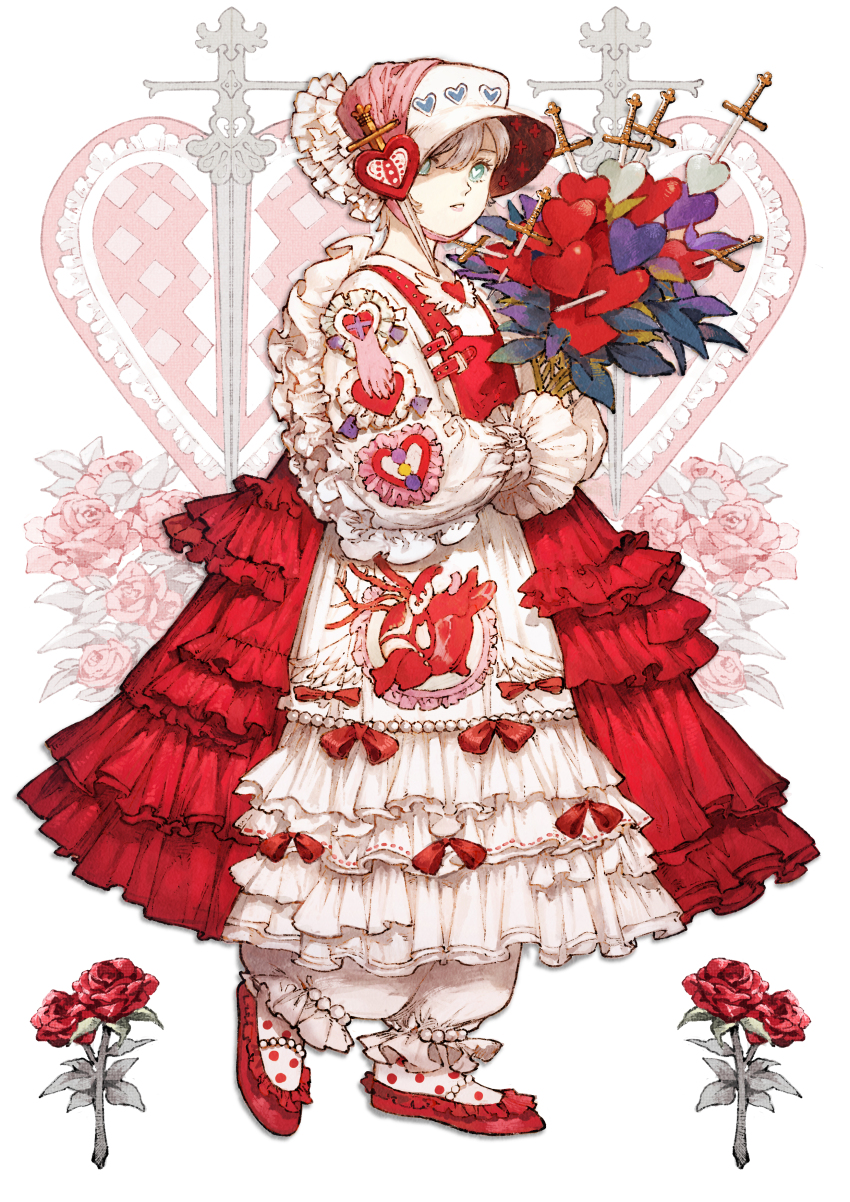 1girl absurdres baiguiyu blonde_hair bloomers blue_eyes boat_shoes bonnet bouquet christmas commentary dress english_commentary flower frilled_dress frilled_sleeves frills heart heart-shaped_pupils highres hime_lolita holding holding_bouquet lolita_fashion merry_christmas original polka_dot rose sword symbol-shaped_pupils tagme tarot underwear weapon