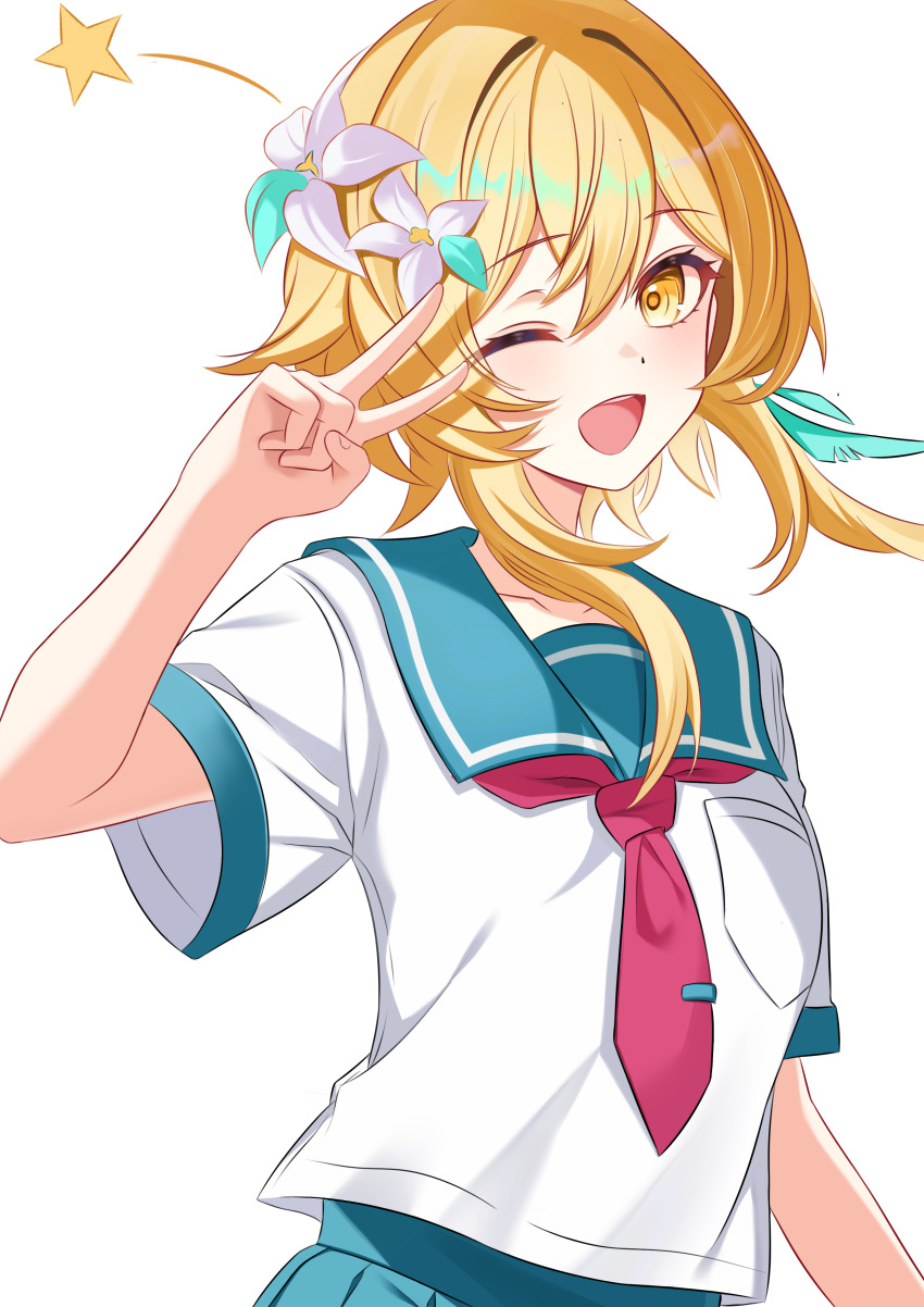1girl absurdres alternate_costume blonde_hair blush commentary_request feather_hair_ornament feathers flower genshin_impact grey_sailor_collar grey_skirt hair_flower hair_intakes hair_ornament highres kenomotsu_yukuwa looking_at_viewer lumine_(genshin_impact) necktie one_eye_closed open_mouth pink_feathers red_necktie sailor_collar school_uniform serafuku shirt short_hair short_hair_with_long_locks short_sleeves simple_background skirt smile solo star_(symbol) teeth tie_clip upper_body upper_teeth_only v v_over_eye white_background white_shirt yellow_eyes