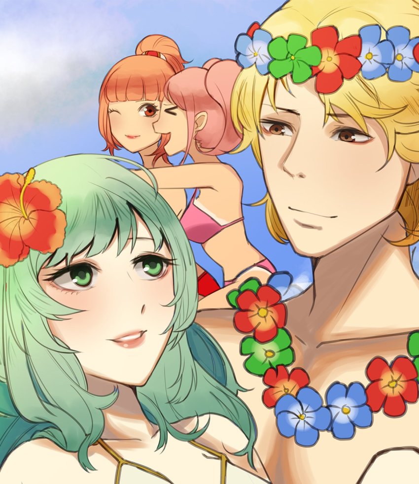 1boy 3girls bad_id bad_twitter_id beach bikini blonde_hair camus_(fire_emblem) celica_(fire_emblem) closed_eyes day fire_emblem fire_emblem_echoes:_shadows_of_valentia fire_emblem_gaiden flower flower_necklace green_hair hair_flower hair_ornament highres jewelry kyou_(iuciferic) lei mae_(fire_emblem) multiple_girls necklace nintendo one_eye_closed outdoors pink_hair red_hair smile swimsuit tatiana_(fire_emblem)