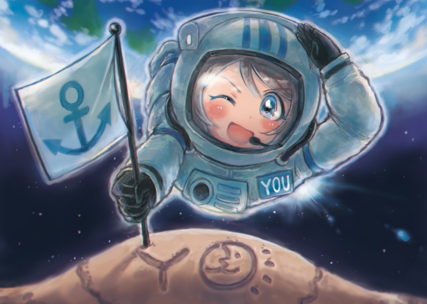1girl anchor anchor_symbol arm_up astronaut blue_eyes blush brown_hair character_name chibi continents earth_(planet) flag floating gloves grey_hair helmet highres light_particles looking_at_viewer love_live! love_live!_sunshine!! microphone moon name_tag ocean one_eye_closed open_mouth planet salute short_hair sky smile solo space space_helmet spacesuit star_(sky) starry_sky striped_clothes sunlight wasabu_(ban_ban_ji) watanabe_you