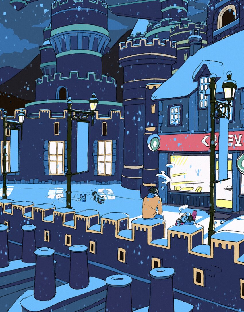 2boys battlement black_hair breath building chimney game_freak gen_3_pokemon gen_6_pokemon goomy highres jacket lamppost male_focus mixed-language_commentary molymes multicolored_hair multiple_boys night nintendo orange_jacket outdoors piers_(pokemon) pokemon pokemon_(creature) pokemon_swsh raihan_(pokemon) sitting snow snowing two-tone_hair white_hair window zigzagoon