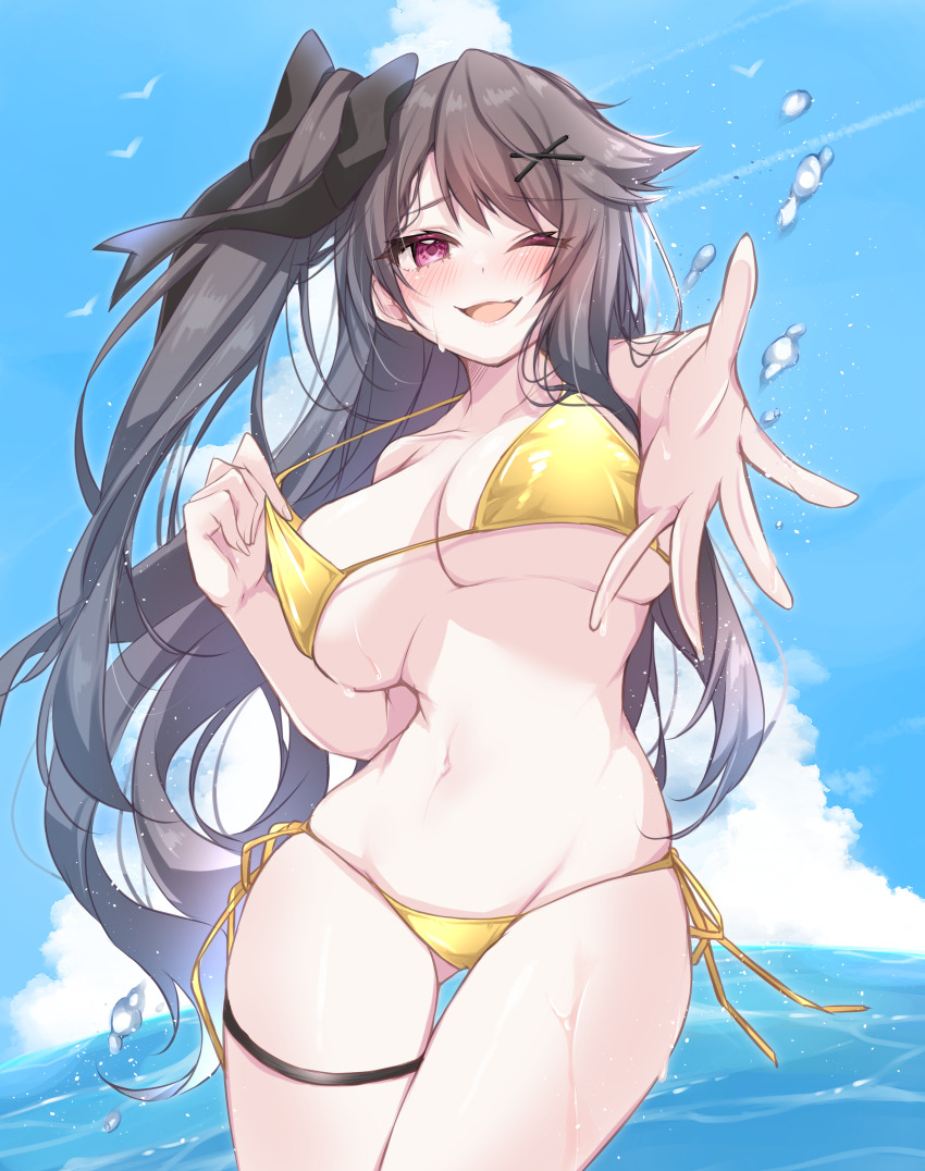 1girl ;d absurdres azur_lane bikini bow breasts brown_hair commentary_request curly_hair day fang hair_bow hair_ornament hairclip happy highres hip_focus large_breasts long_hair looking_at_viewer mikuchi3939 navel ocean one_eye_closed open_mouth outdoors pamiat_merkuria_(azur_lane) pink_eyes reaching reaching_towards_viewer side-tie_bikini_bottom side_ponytail skindentation smile solo splashing string_pull swimsuit teasing thigh_gap thigh_strap thighs very_long_hair x_hair_ornament yellow_bikini