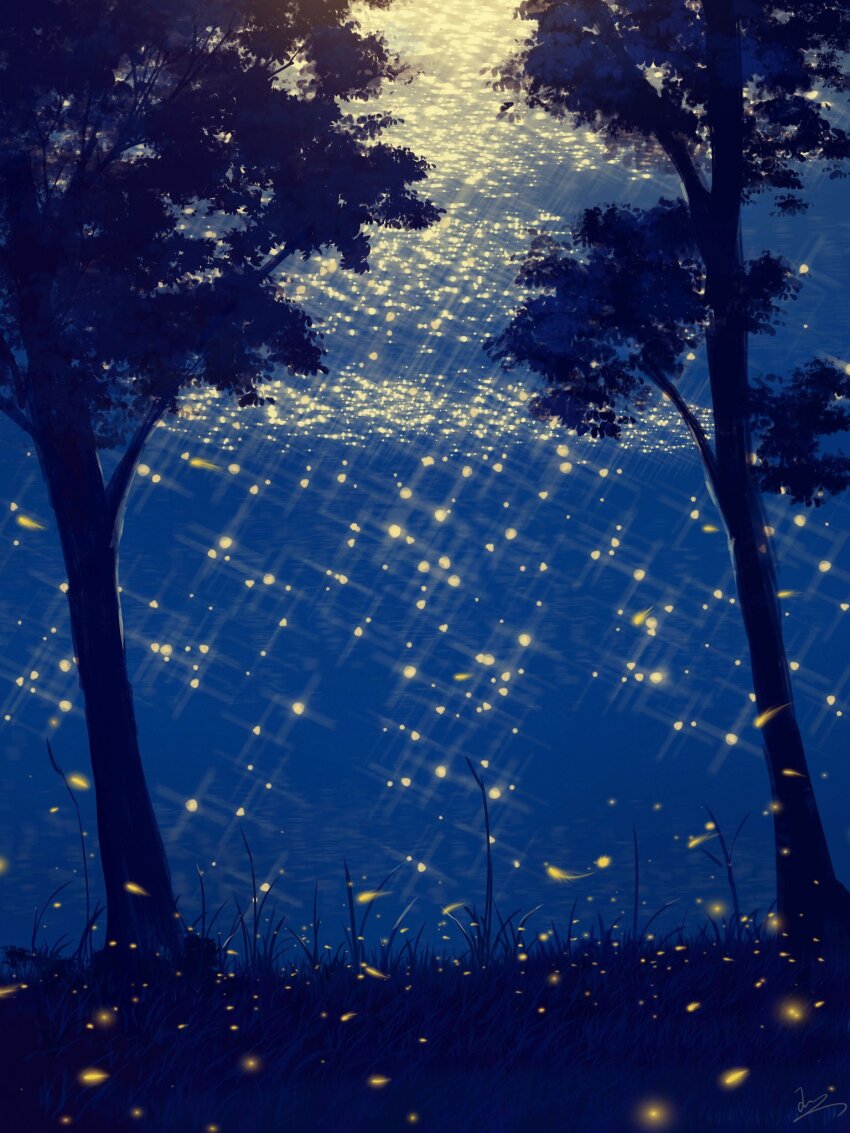 diffraction_spikes evening fireflies grass highres huashijw nature no_humans original outdoors reflection reflective_water scenery signature tree water