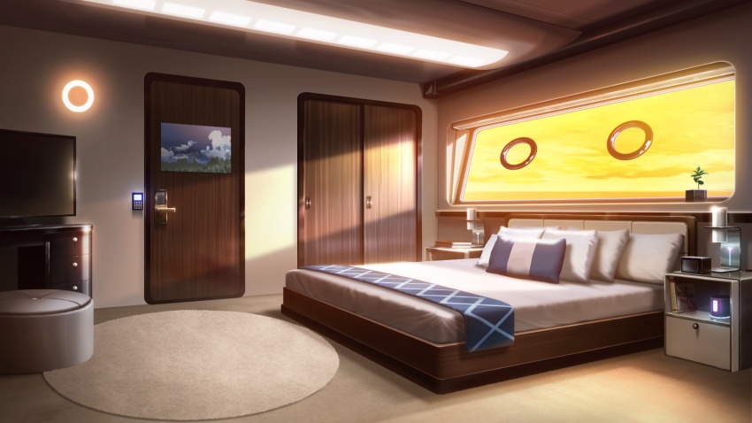 bed bedroom carpet ceiling_light cloud cloudy_sky coffee_maker cushion door drawer highres indoors keypad microwave no_humans non-web_source ocean official_art orange_light our_life:_beginnings_and_always photo_(object) pillow rug scenery sky sunlight sunset television towel window