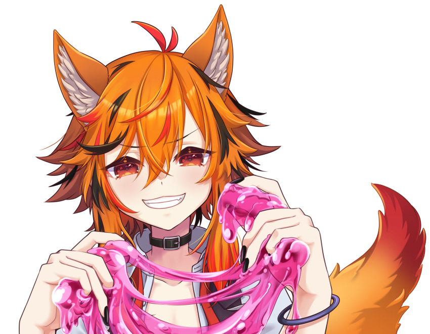 1girl animal_ears belt belt_collar black_belt black_hair black_nails black_vest collar collarbone fingernails fox_ears fox_girl fox_tail grin hair_between_eyes highres kazami_kuku kemonomimi_mode large_variant_set long_bangs long_hair looking_at_viewer multicolored_hair nail_polish nanashi_inc. open_clothes open_shirt open_vest orange_eyes orange_hair red_hair reona_kfc02 shirt simple_background slime_(substance) smile solo tail transparent_background upper_body v-shaped_eyebrows variant_set vest virtual_youtuber white_shirt