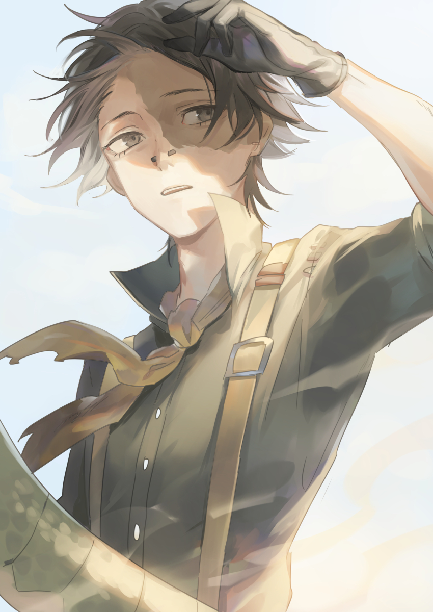 1boy absurdres arm_up bishounen black_gloves black_hair black_shirt brown_neckerchief day dust face_piercing gloves grey_eyes highres identity_v looking_to_the_side lower_eyelashes_only male_focus neckerchief no_headwear norton_campbell nose_piercing open_collar outdoors parted_lips piercing shade shading_eyes shirt sideways_glance sleeves_rolled_up solo sunlight teeth tsugutoku upper_teeth_only wind